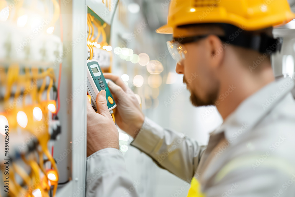 Poster an electrician in a hard hat inspects electrical connections with a multimeter in a brightly lit con