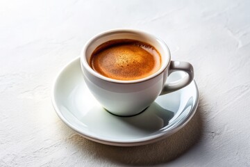 Espresso in a modern cup is positioned diagonally on a clean white surface, its rich aroma wafting up, as a delicate layer of crema and a pinch of cocoa powder add texture and depth