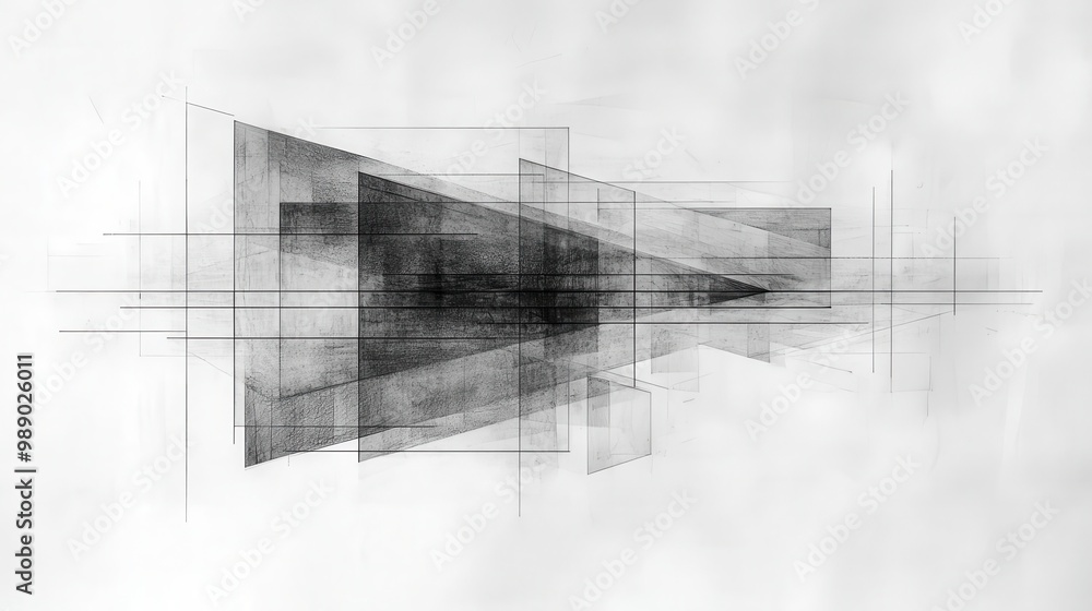 Poster abstract geometric shapes in monochrome tones, creating a sense of depth and perspective.
