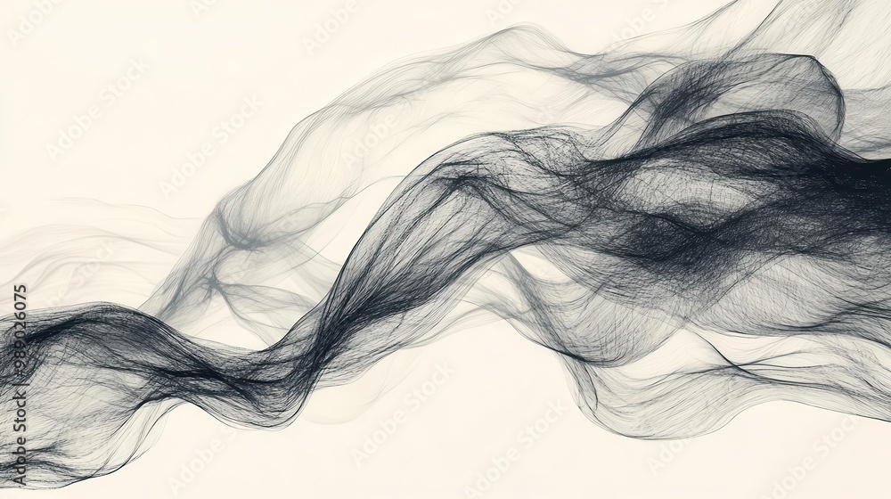 Poster abstract flowing black smoke effect on a white background, creating an elegant and ethereal visual.