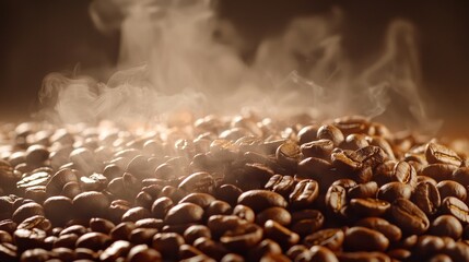 Freshly roasted coffee beans with steam rising, illuminated in warm light, enhancing their rich textures and creating an inviting atmosphere.