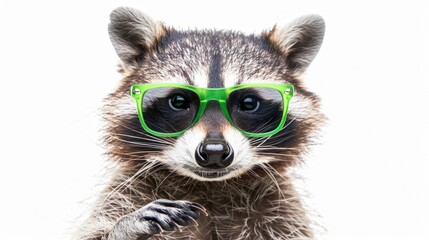 Fototapeta premium Animal On White Background. Funny Raccoon with Green Sunglasses Making a Rock Gesture