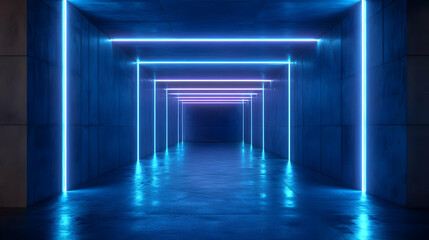 Blue and Purple Neon Lights in a Concrete Hallway 3D Illustration