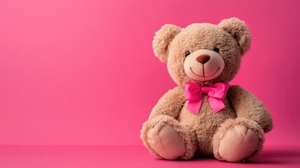 A playful image of a soft teddy bear with a pink bow, sitting on a bright pink background, representing childhood, warmth, and affection.