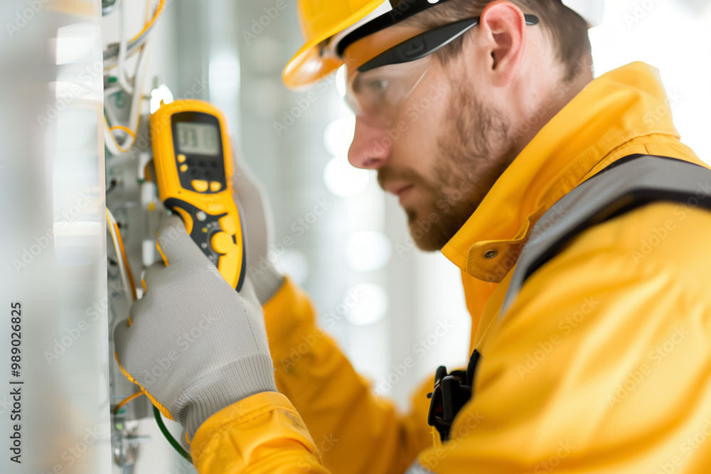 Poster an electrician wearing a yellow jacket and gloves measures voltage with a multimeter while working i