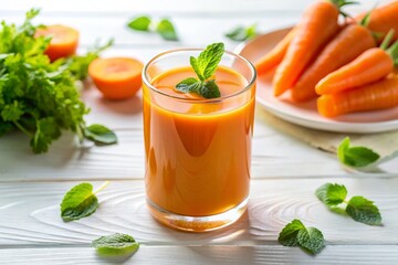 Vibrant orange and carrot juice fills a sleek glass container sitting on a pure white surface, garnished with a delicate sprig of mint and lit by soft, golden afternoon light.