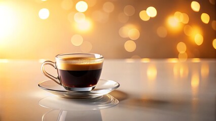 Fototapeta premium Velvety smooth espresso with hint of vanilla syrup overflows modern minimalist cup against pristine white backdrop beneath warm golden illumination