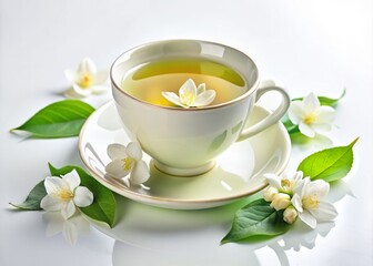Fragrant hot green tea with a delicate hint of jasmine overflows from a dainty, ornate teacup, placed elegantly on a clean, minimalist white background, exuding tranquility.