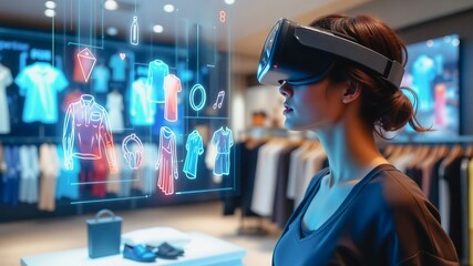 Virtual Fashion Try-On Experience in Retail Store, A woman immersed in a virtual reality shopping experience within a bustling clothing store. She wears a VR headset.