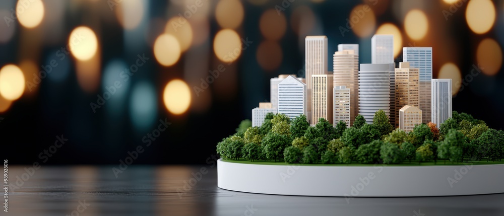 Poster model city on base with bokeh background