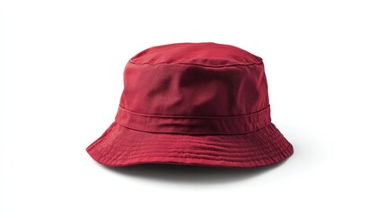A red bucket hat lying flat on a white background, offering a bold surface for design presentations or logos.