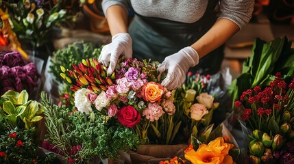 Obraz premium Florist arranging a colorful bouquet with various flowers in a vibrant shop during daylight