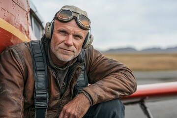 Obraz premium A seasoned pilot in a brown leather jacket and aviator hat leans against a vintage airplane, representing adventure and nostalgia for the golden age of aviation.