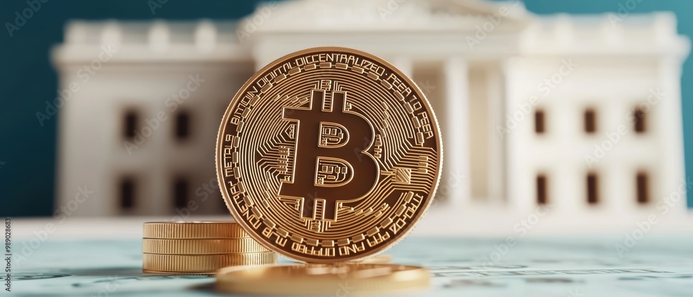 Poster bitcoin coin on table with banking background