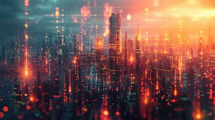 Obraz premium A futuristic cityscape with glowing lights and a vibrant color palette. The city is filled with tall buildings and a sense of energy and progress.