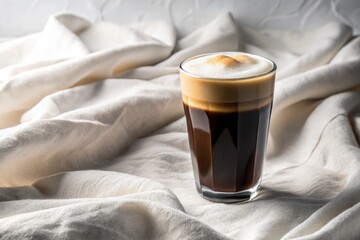Tapered tumbler containing rich dark coffee beneath a thick blanket of creamy cold foam is positioned at an angle on a pure white surface