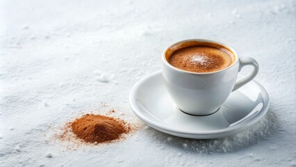 Obraz premium Rich, velvety espresso is poured into a delicate demitasse cup, adorned with a light dusting of cocoa powder, against a clean and minimalist white backdrop