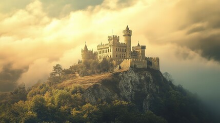 Obraz premium Majestic castle perched on a cliff under a dramatic sky in the mountains during late afternoon light