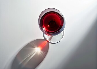 Perspective from directly above subject, wine glass centered, slight shadow underneath, on a pure white background, clean and minimalist.