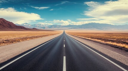 Naklejka premium A straight empty highway cutting through a desert landscape, room for text on the left side of the frame