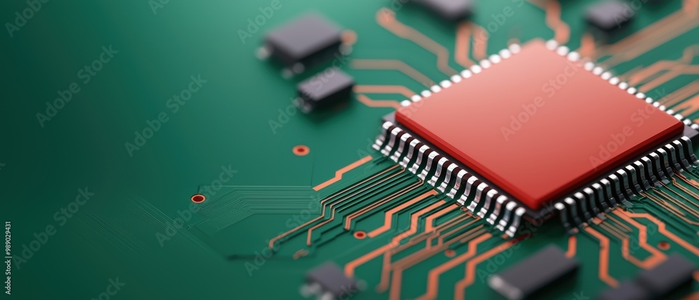 Poster close-up of a modern microchip on circuit board