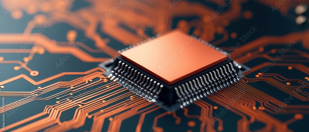 Poster microchip on circuit board with orange traces