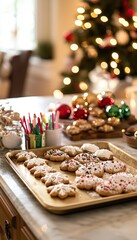 Naklejka premium Festive Christmas Cookie Baking Scene with Decorated Cookies and Candy Cane Supplies in a Holiday Kitchen