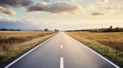 Fototapeta premium A straight empty road disappearing into the horizon, surrounded by open fields, plenty of room for copy