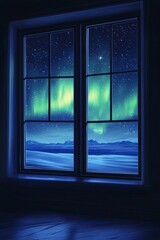 Fototapeta premium An empty room with a window showing a glowing aurora in the night sky 