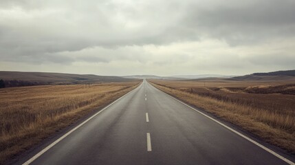 Naklejka premium A straight empty road disappearing into the horizon, surrounded by open fields, plenty of room for copy
