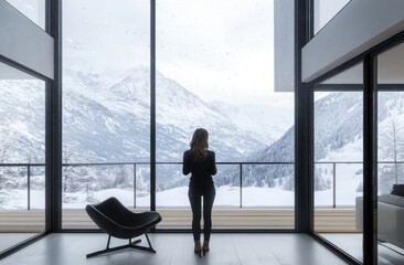 Fototapeta premium A woman standing in the living room of an ultra-modern house with floor-to-ceiling windows overlooking snow-covered mountains, a winter landscape, a feeling of luxury and minimalism, black furniture