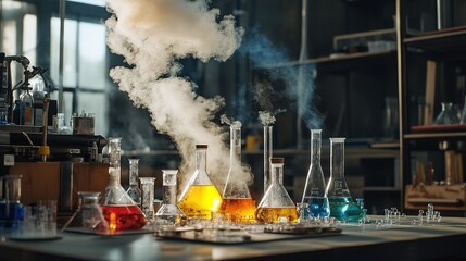 Vibrant chemical reaction in laboratory with colorful smoke and bubbling flasks during an experimental setup