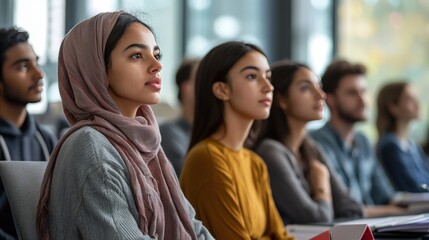Diverse Group of University Students in Modern Lecture Hall, Focused on Higher Education and Equality