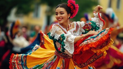 Fototapeta premium A colorful dancer performing at a cultural festival, showcasing traditional attire and joyful movements in a lively outdoor setting