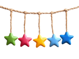 Colorful star-shaped decorations hanging on a twine, white isolated background. transparent background