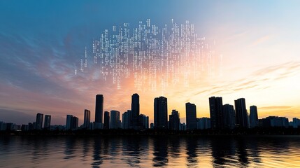 Digital Data Over City Skyline at Sunset