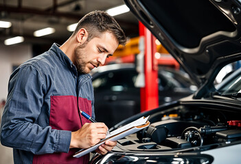 Auto check, car service shop concept. Automobile repairman writing job checklist on clipboard, mechanic checking engine to estimate repair machine, inspecting maintenance by engineer at vehicle garage