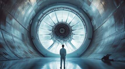 A spacecraft maintenance engineer inside a sleek, futuristic workshop, adjusting the intricate parts of an engine under bright, focused lights