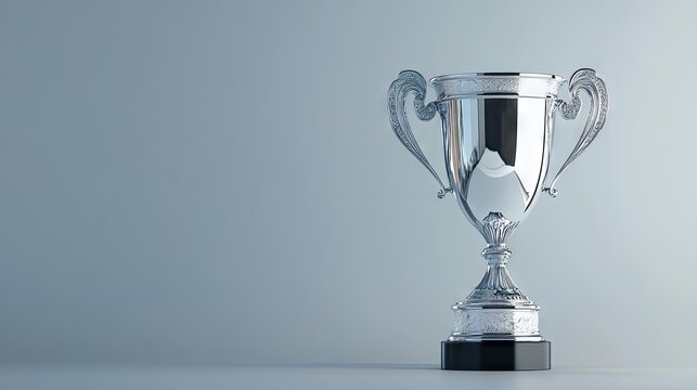 A silver trophy cup standing against a glossy silver background, representing achievement, success, and celebration of victory.