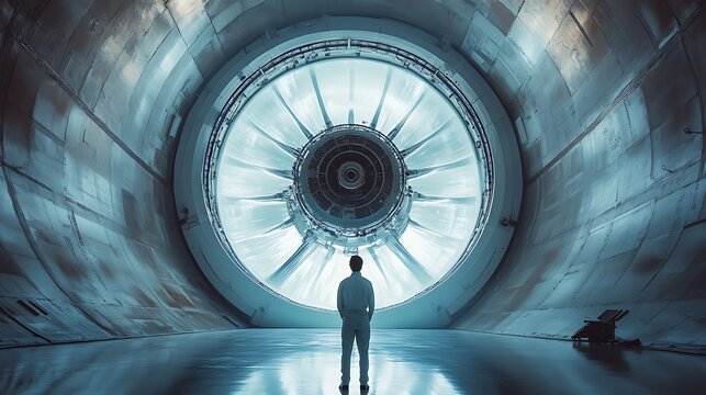 A spacecraft maintenance engineer inside a sleek, futuristic workshop, adjusting the intricate parts of an engine under bright, focused lights