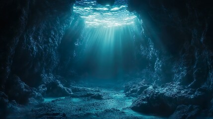 Obraz premium Dark ocean glowing around ruins in mysterious underwater seascape picture