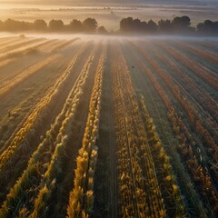 Drone shot of a foggy, early morning over rolling countryside, with golden fields of wheat stretching into the horizon and mist hovering just above the ground