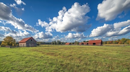 Obraz premium A wide angle of an open animal farm with empty stables and a barn on the horizon, sky filled with clouds