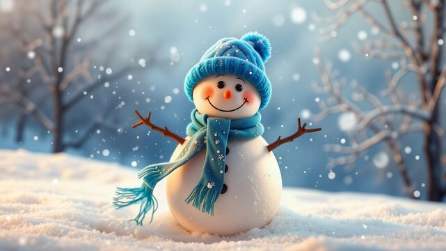 Cheerful Snowman Welcoming Winter, A friendly snowman wearing a blue hat and scarf sits amidst falling snowflakes. Surrounded by snow and trees, this cheerful scene captures the magic of a winter day.
