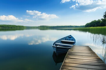 Peaceful Lakeside Scene with Rowboat and Dock