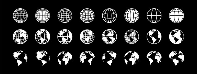 Earth Globe. Globe Vector Icons. World maps black. Planet earth in different shapes. Big set of Earth Globe. Vector illustration