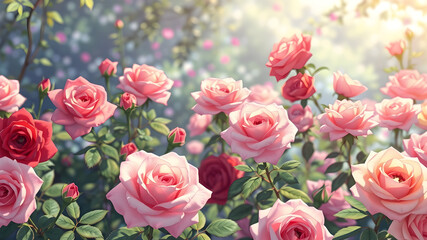 Fototapeta premium Rose Garden with Sunlight in Impressionist Style Featuring Delicate Roses in Various Colors Evoking Beauty and Tranquility