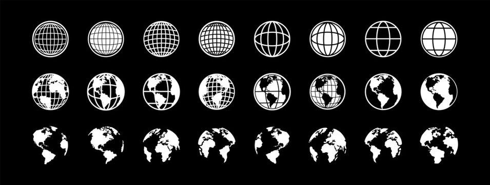 Earth Globe. Globe Vector Icons. World maps black. Planet earth in different shapes. Big set of Earth Globe. Vector illustration