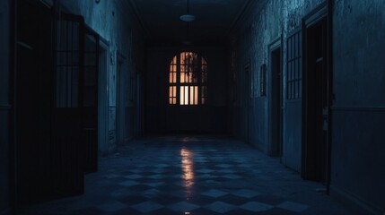 Fototapeta premium Exploring a Dimly Lit Abandoned Hallway with Historic Charm and Mysterious Reflections