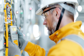 A skilled technician in safety gear is carefully using a multimeter to check voltage levels on electrical panels in a power plant. The focus is on precision and safety